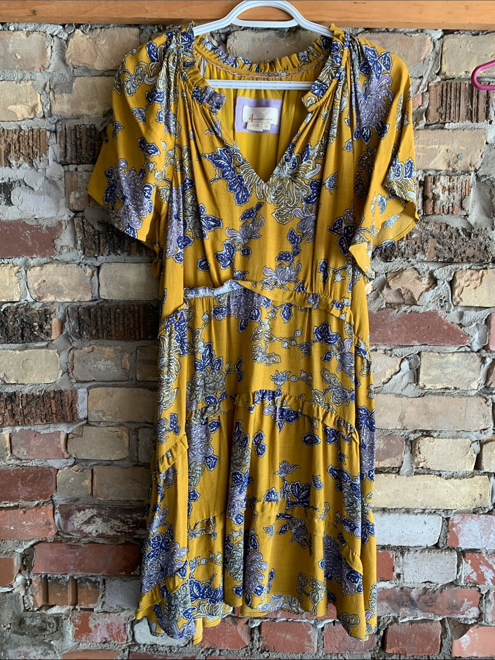 Anthropologie Mustard Floral V-Neck Tiered Dress